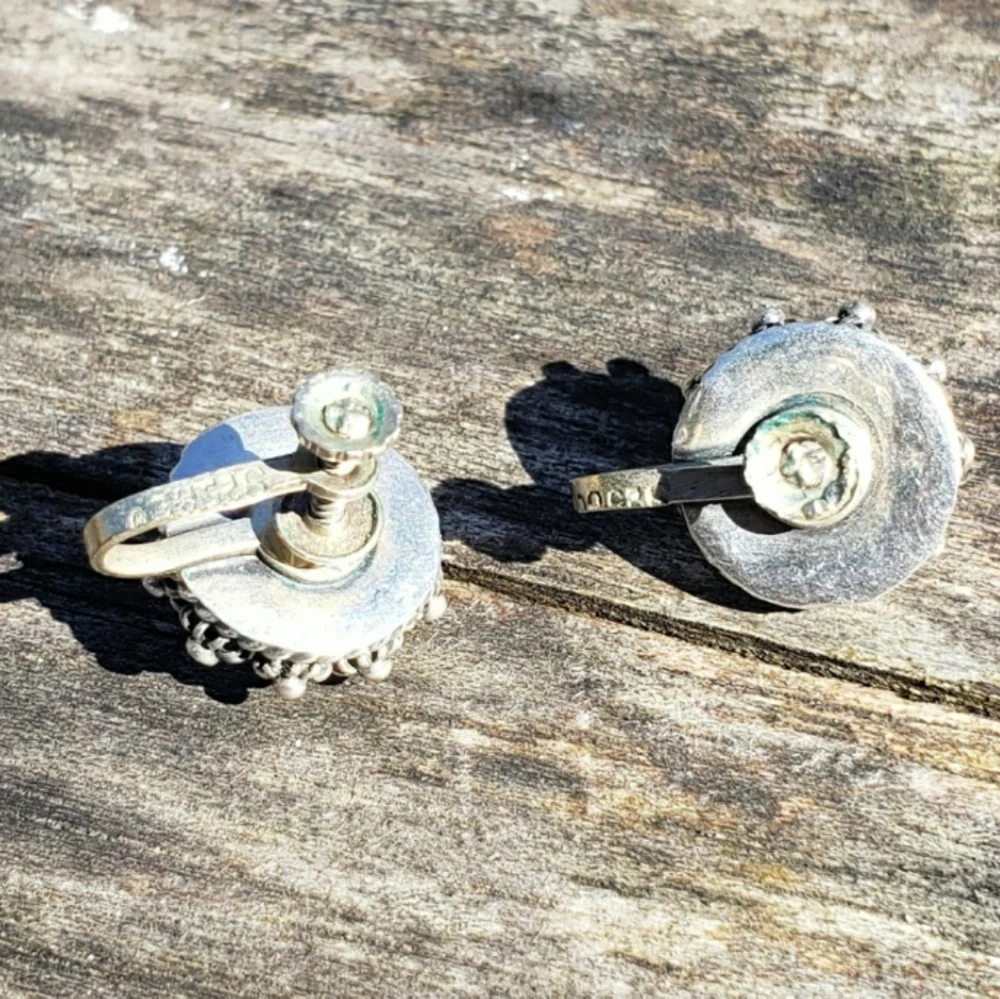 Vintage Native American Or Mexican Turquoise Sterling Silver Screwback Earrings - Picture 6 of 16